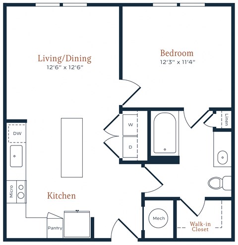 Floor plan for 1 bed, 1 bath, 682 sqft